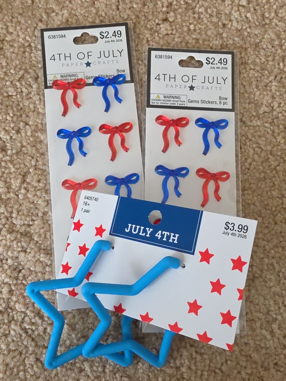 4TH OF JULY Kids Star Bangles & Bow Stickers - Red & Blue